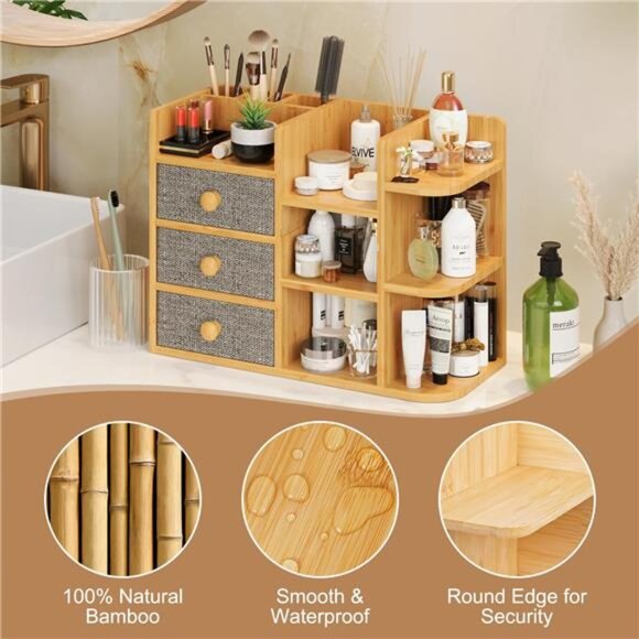 Makeup Organizer Countertop,Cosmetic Skincare Organizers With 3 Brush Holders - Picture 4 of 7